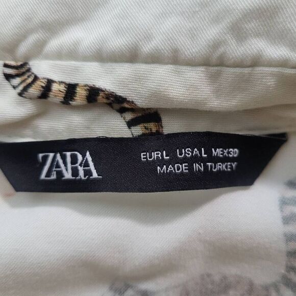 Zara Womens Jungle Animals Top White Large Long Sleeve Cinched Waist Button Up - Picture 5 of 8